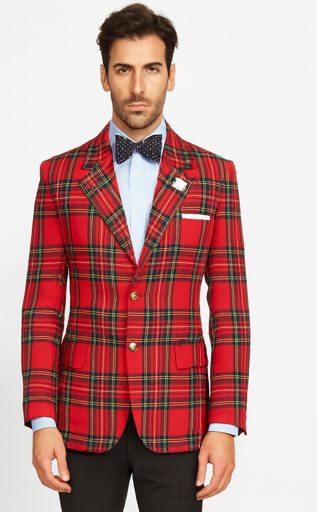 Big and Tall Plait Sport Coat - Windowpane Checkered Scottish English Pattern Party Blazers Color Green and Blue Tartan