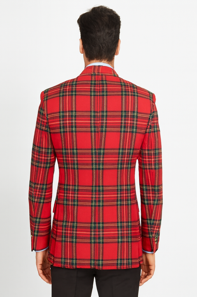 Big and Tall Plait Sport Coat - Windowpane Checkered Scottish English Pattern Party Blazers Color Green and Blue Tartan