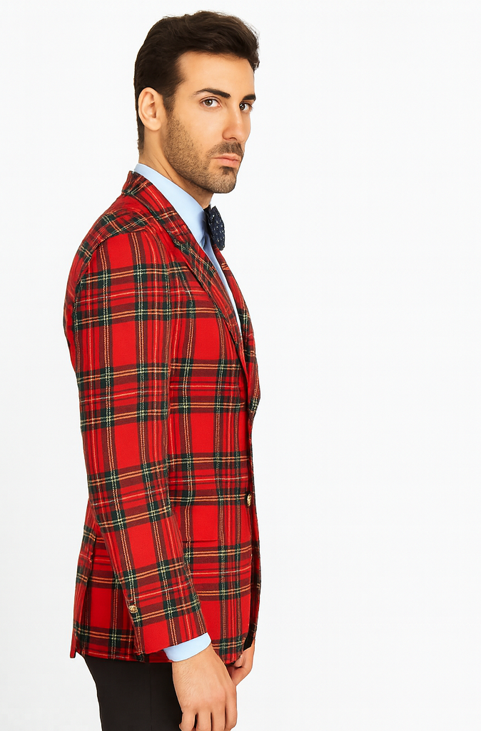 Big and Tall Plait Sport Coat - Windowpane Checkered Scottish English Pattern Party Blazers Color Green and Blue Tartan