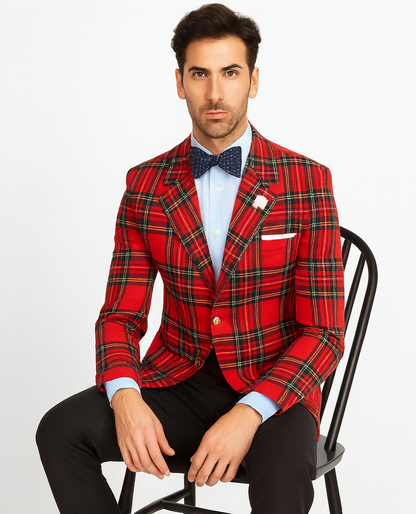 Big and Tall Plait Sport Coat - Windowpane Checkered Scottish English Pattern Party Blazers Color Green and Blue Tartan