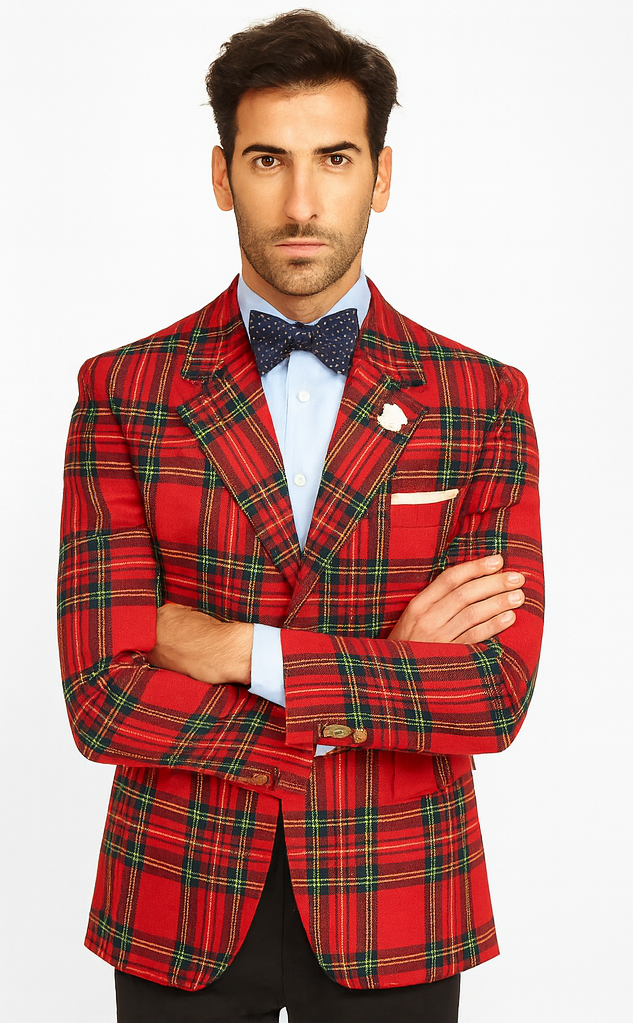 Big and Tall Plait Sport Coat - Windowpane Checkered Scottish English Pattern Party Blazers Color Green and Blue Tartan