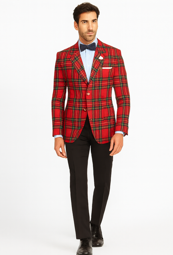 Big and Tall Plait Sport Coat - Windowpane Checkered Scottish English Pattern Party Blazers Color Green and Blue Tartan