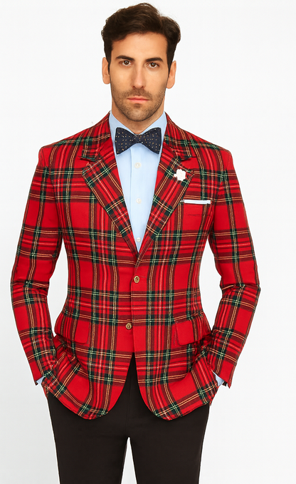 Big and Tall Plait Sport Coat - Windowpane Checkered Scottish English Pattern Party Blazers Color Green and Blue Tartan