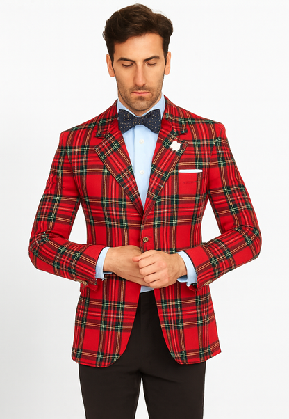 Big and Tall Plait Sport Coat - Windowpane Checkered Scottish English Pattern Party Blazers Color Green and Blue Tartan