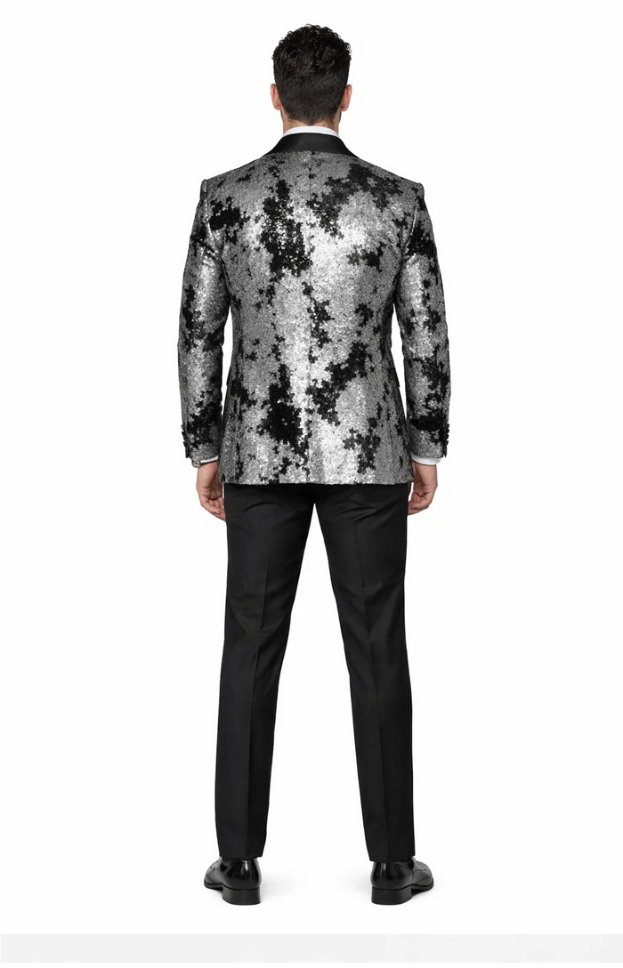 Black & Silver Gray Sequin Tuxedo Jacket for Men  Paired with Black Pants