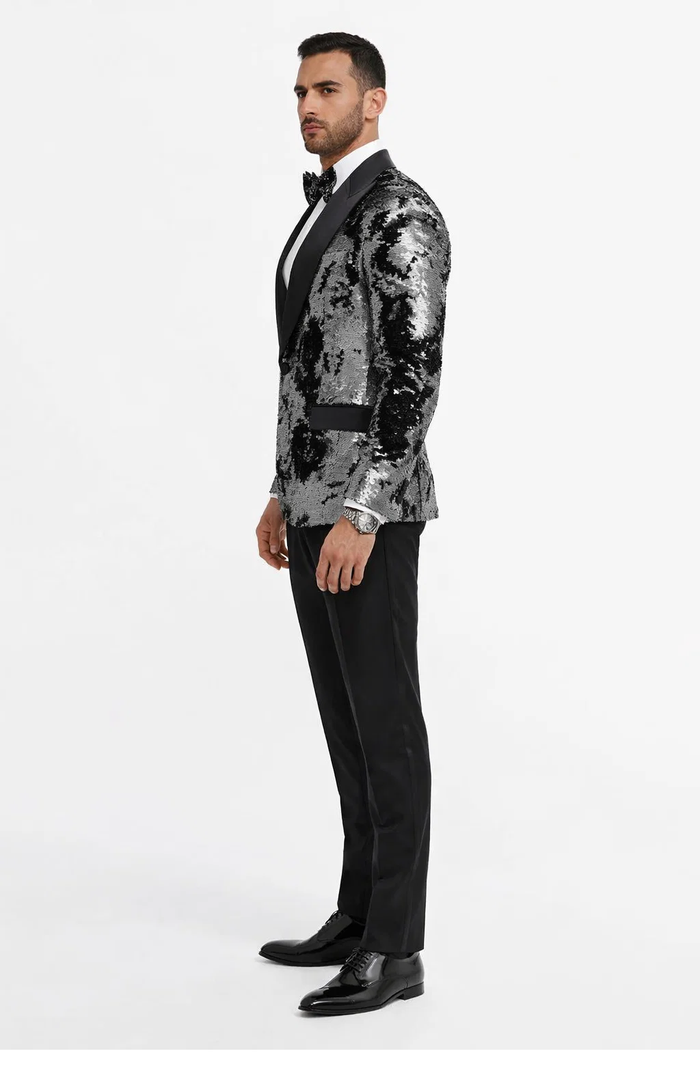 Black & Silver Gray Sequin Tuxedo Jacket for Men  Paired with Black Pants