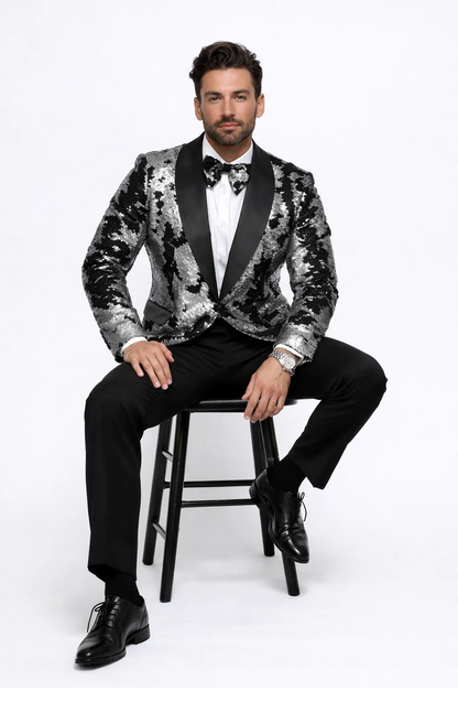 Black & Silver Gray Sequin Tuxedo Jacket for Men  Paired with Black Pants