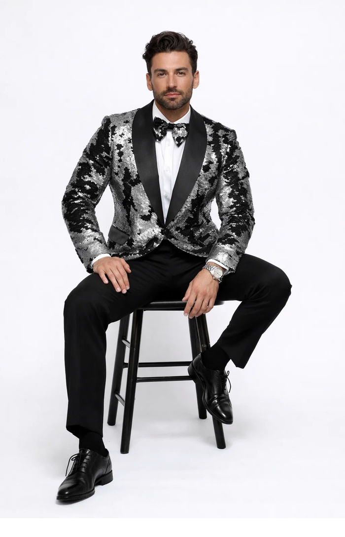 Black & Silver Gray Sequin Tuxedo Jacket for Men  Paired with Black Pants