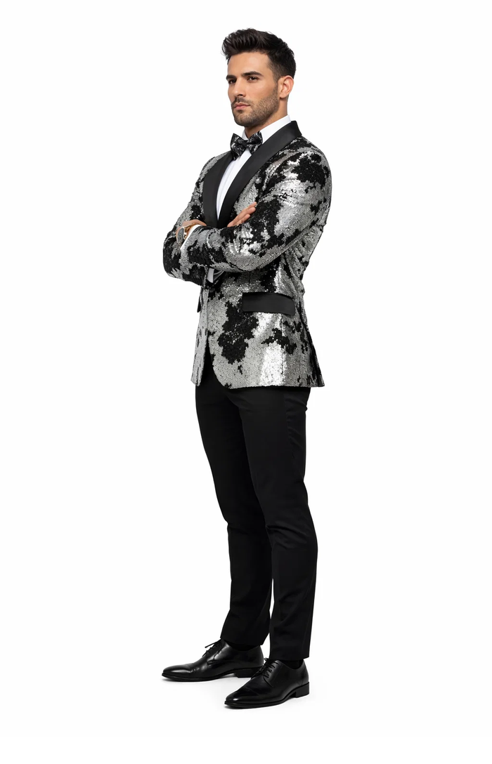 Black & Silver Gray Sequin Tuxedo Jacket for Men  Paired with Black Pants