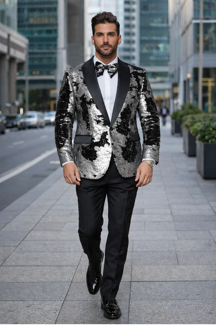 Black & Silver Gray Sequin Tuxedo Jacket for Men  Paired with Black Pants
