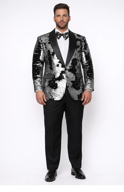 Men's Black and Silver Sequin Tuxedo Blazer, All Sizes Men's Black and Silver Sequin Tuxedo Blazer, All Sizes