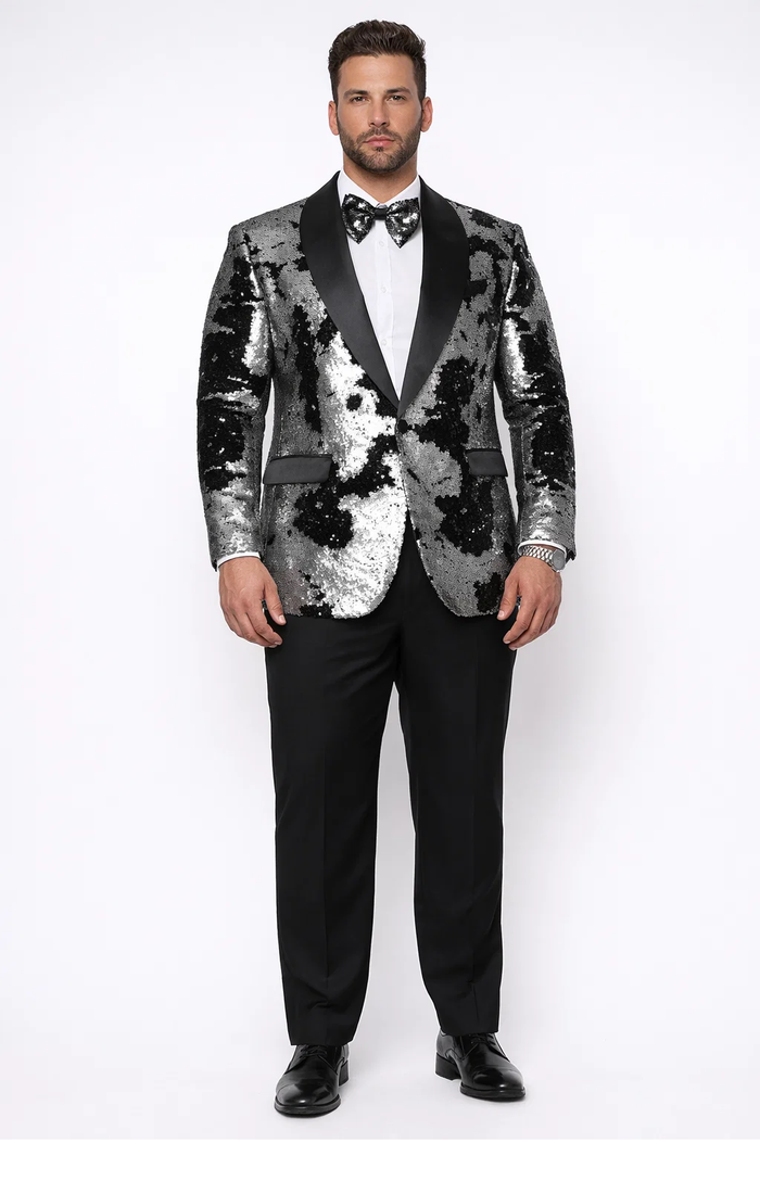 Black & Silver Gray Sequin Tuxedo Jacket for Men  Paired with Black Pants