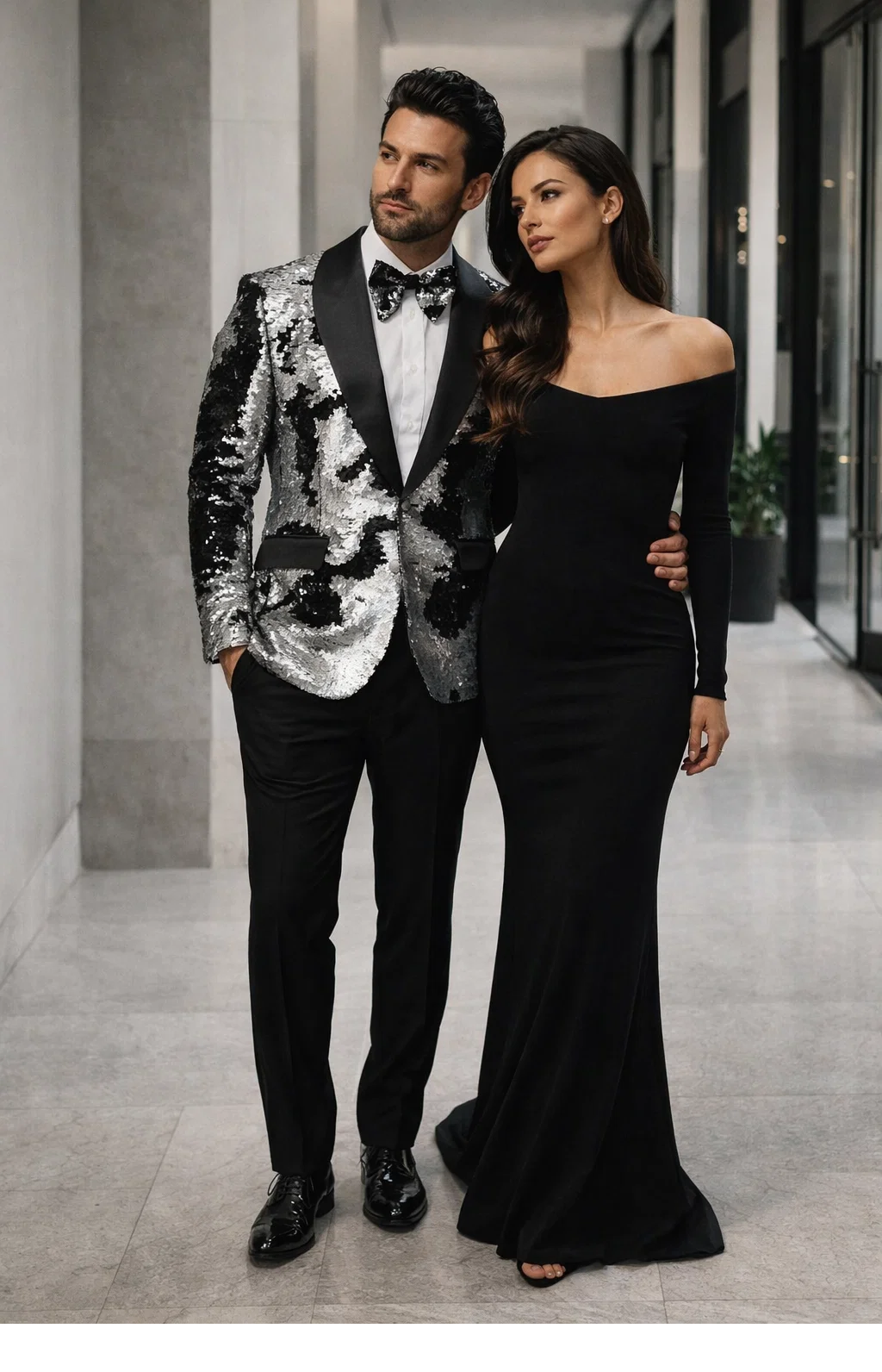 Black & Silver Gray Sequin Tuxedo Jacket for Men  Paired with Black Pants