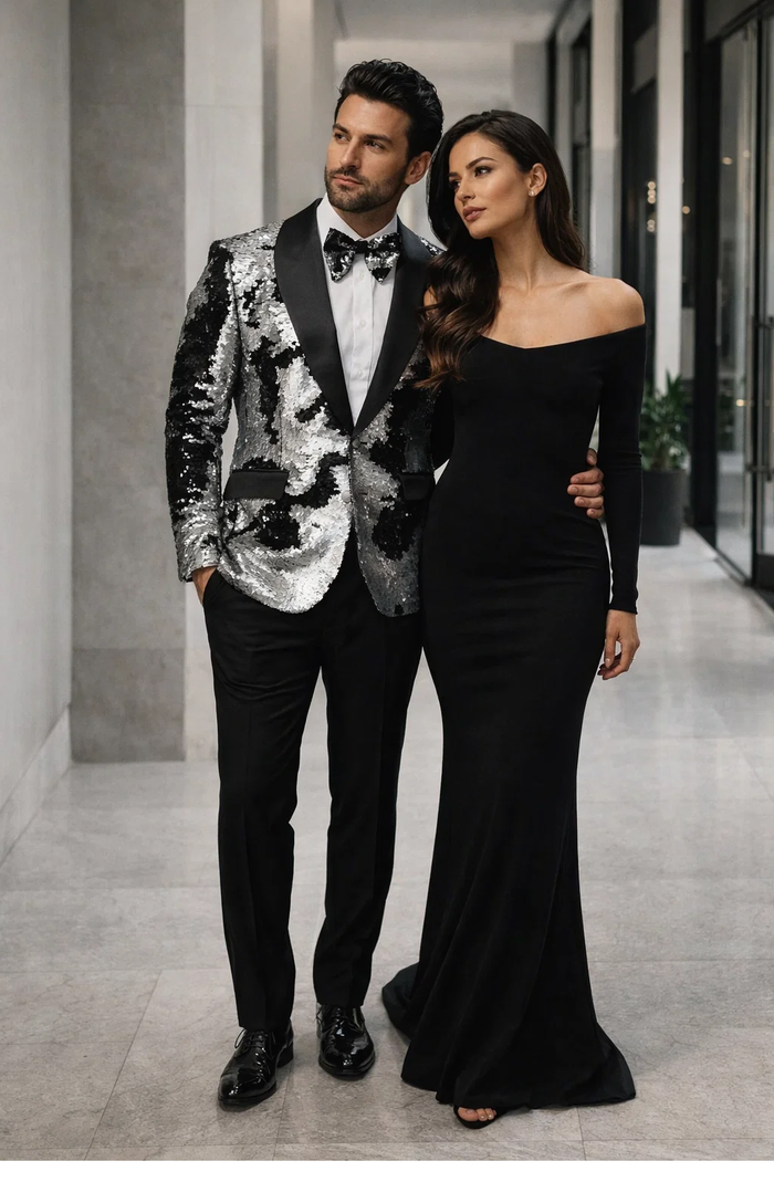 Black & Silver Gray Sequin Tuxedo Jacket for Men  Paired with Black Pants