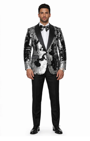Men's Black and Silver Sequin Tuxedo Blazer, All Sizes