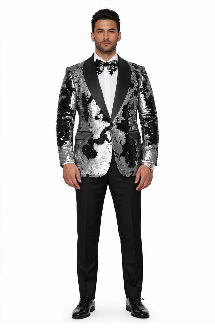 Black & Silver Gray Sequin Tuxedo Jacket for Men  Paired with Black Pants