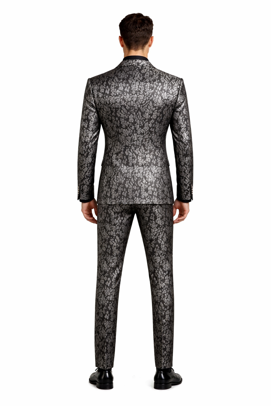 Black and Silver Floral Tuxedo Suit for Men  Luxury Two-Piece Formal Suit with Satin Lapel and Bow Tie