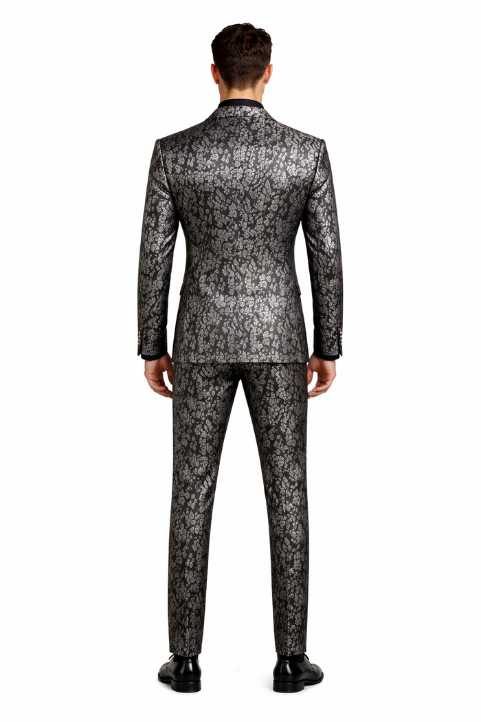 Black and Silver Floral Tuxedo Suit for Men  Luxury Two-Piece Formal Suit with Satin Lapel and Bow Tie