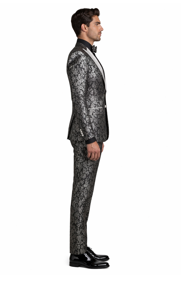 Black and Silver Floral Tuxedo Suit for Men  Luxury Two-Piece Formal Suit with Satin Lapel and Bow Tie