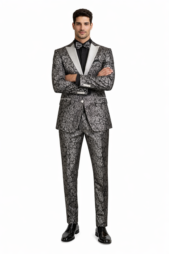 Black and Silver Floral Tuxedo Suit for Men  Luxury Two-Piece Formal Suit with Satin Lapel and Bow Tie