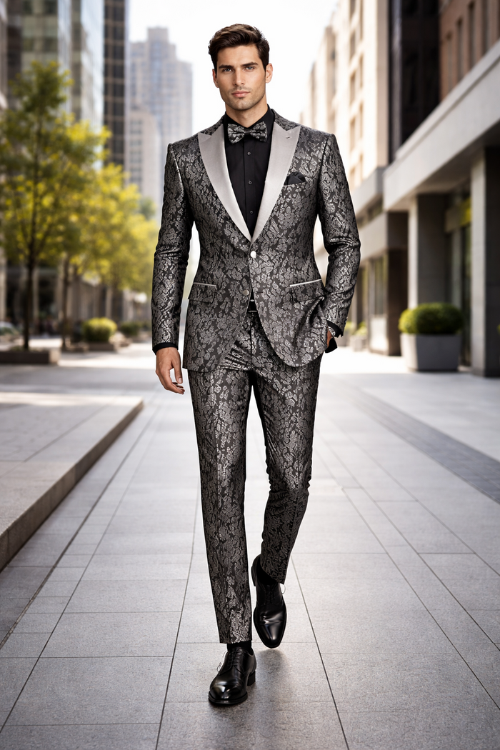 Black and Silver Floral Tuxedo Suit for Men  Luxury Two-Piece Formal Suit with Satin Lapel and Bow Tie