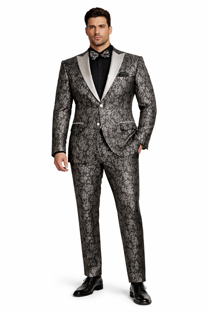 Black and Silver Floral Tuxedo Suit for Men  Luxury Two-Piece Formal Suit with Satin Lapel and Bow Tie