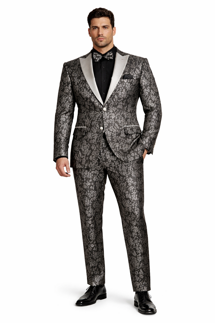Black and Silver Floral Tuxedo Suit for Men  Luxury Two-Piece Formal Suit with Satin Lapel and Bow Tie
