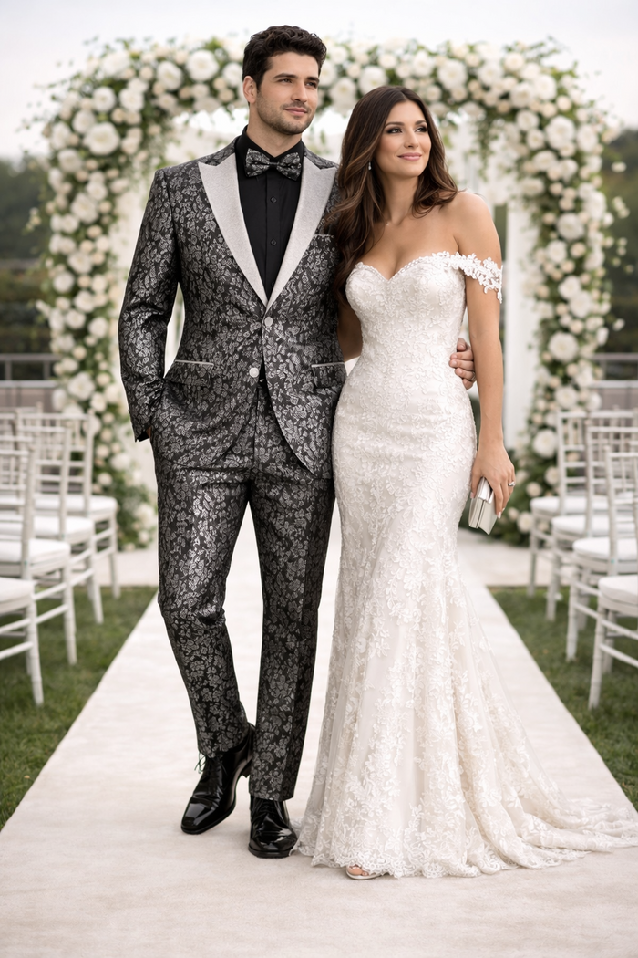 Black and Silver Floral Tuxedo Suit for Men  Luxury Two-Piece Formal Suit with Satin Lapel and Bow Tie