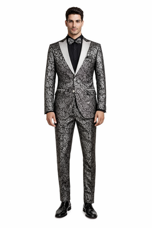 Black and Silver Floral Tuxedo Suit for Men  Luxury Two-Piece Formal Suit with Satin Lapel and Bow Tie