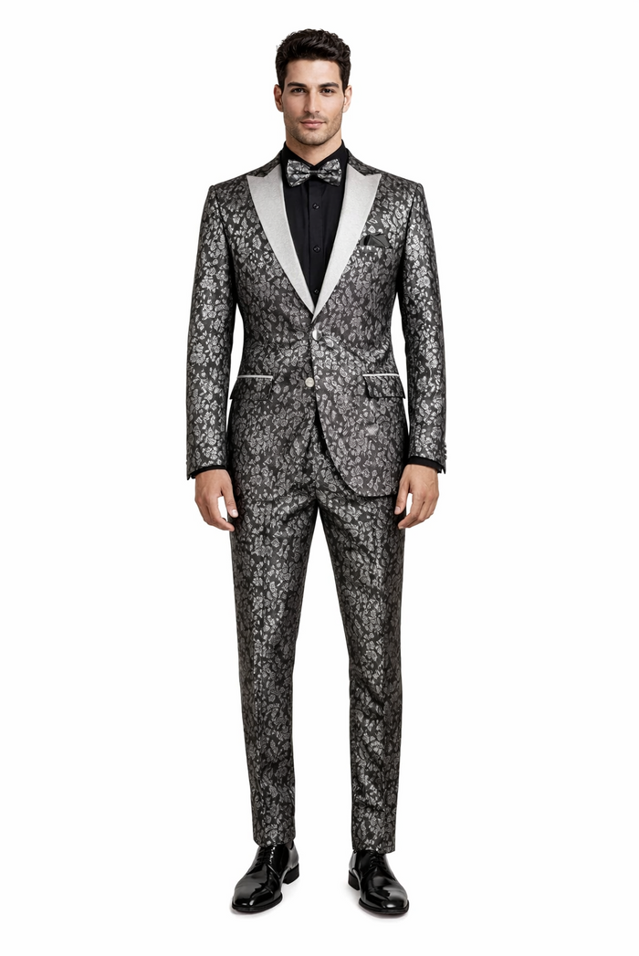 Black and Silver Floral Tuxedo Suit for Men  Luxury Two-Piece Formal Suit with Satin Lapel and Bow Tie