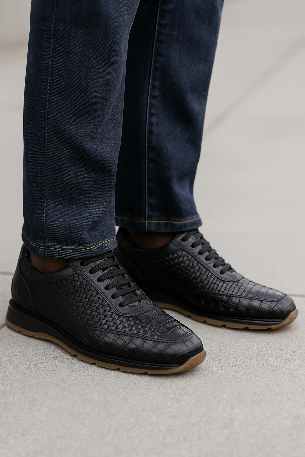 Marco Di Milano Roma Men's Shoes Black Genuine Caiman Crocodile / Woven Leather Fashion Sneakers