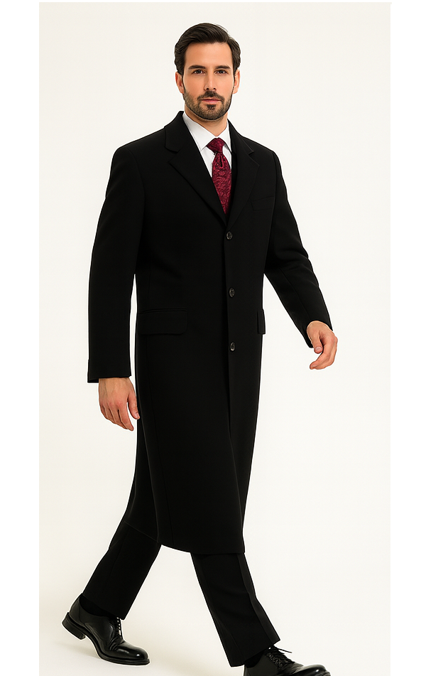 Black Cashmere Chesterfield Overcoat  1920s Full Length Topcoat