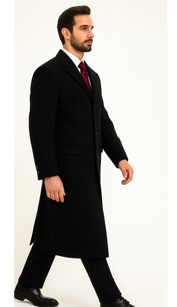Black Cashmere Chesterfield Overcoat  1920s Full Length Topcoat