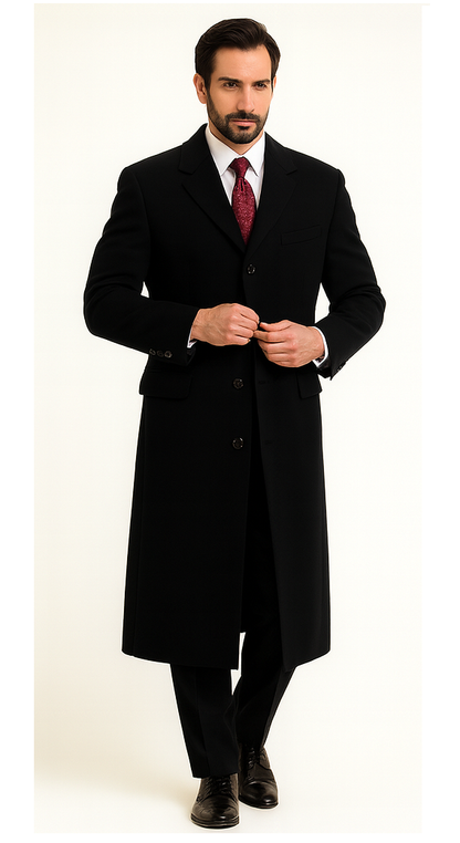 Coat Black Cashmere Chesterfield Overcoat – 1920s Full Length Topcoat
