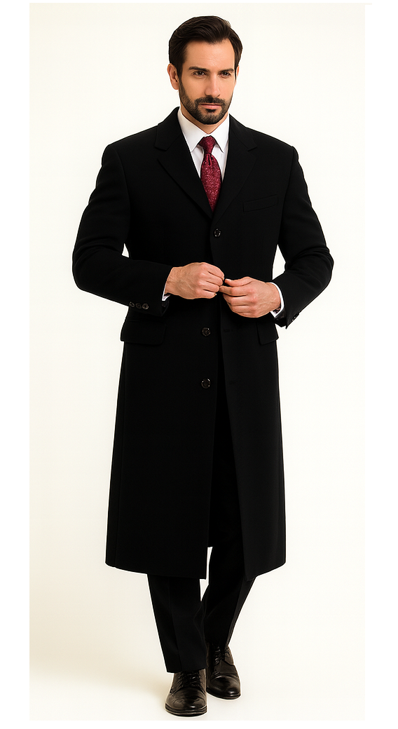 Black Cashmere Chesterfield Overcoat  1920s Full Length Topcoat