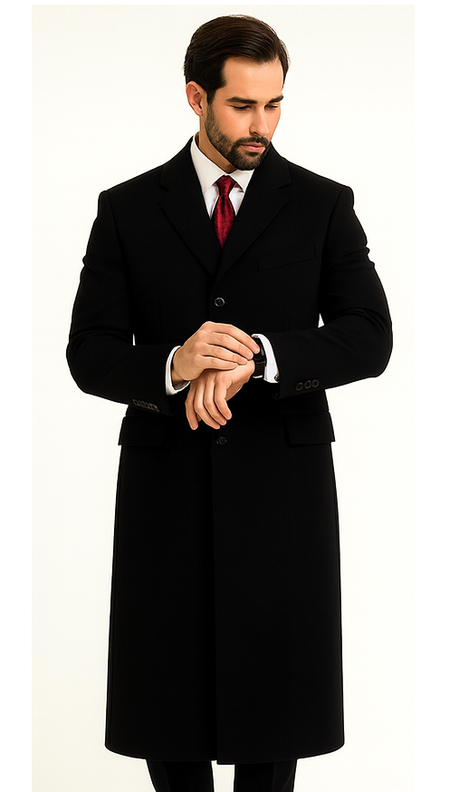 Black Cashmere Chesterfield Overcoat  1920s Full Length Topcoat