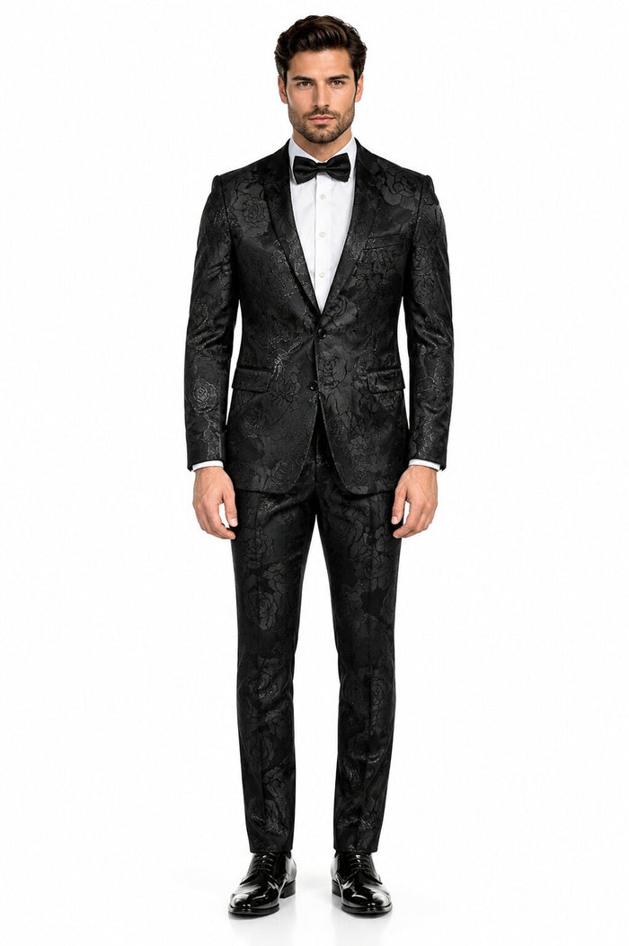 Mens 2 Button Shiny Black on Black Floral Paisley Prom & Wedding Tuxedo