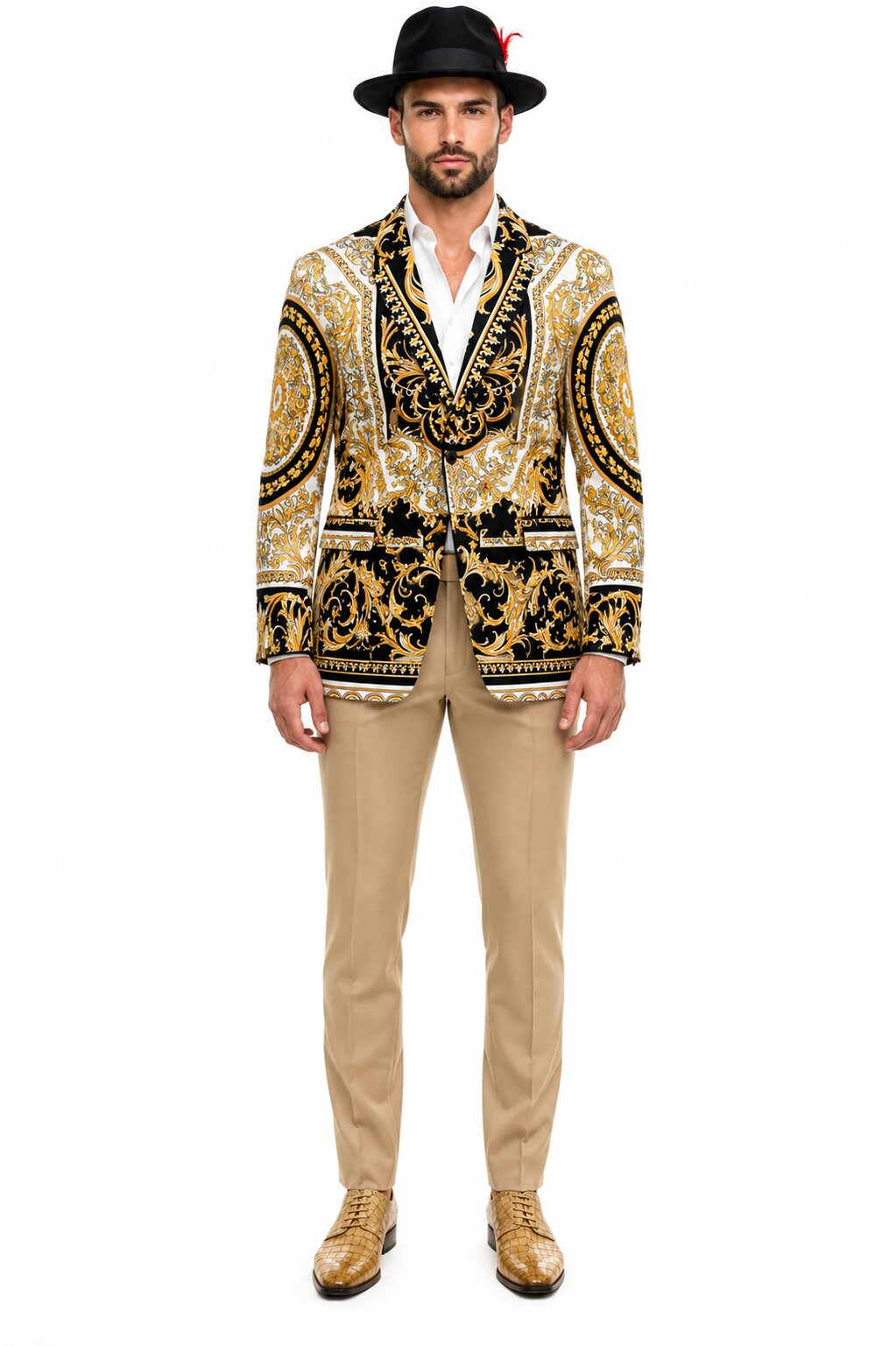 Men's Black and Gold Baroque Blazer with Matching Pants, Hat, and Shoes - Luxury Party and Wedding Outfit Set