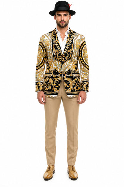 Men's Black and Gold Baroque Blazer with Matching Pants, Hat, and Shoes - Luxury Party and Wedding Outfit Set