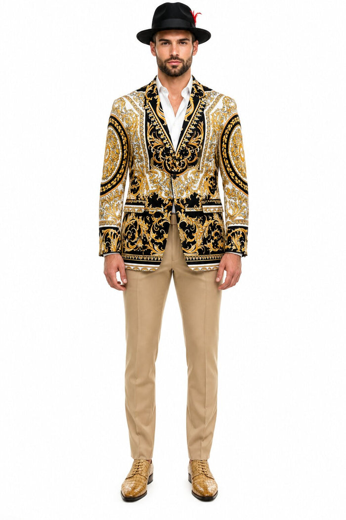 Men's Black and Gold Baroque Blazer with Matching Pants, Hat, and Shoes - Luxury Party and Wedding Outfit Set