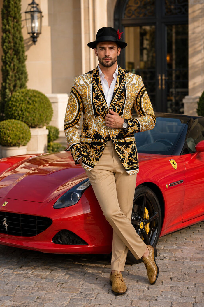 Men's Black and Gold Baroque Blazer with Matching Pants, Hat, and Shoes - Luxury Party and Wedding Outfit Set