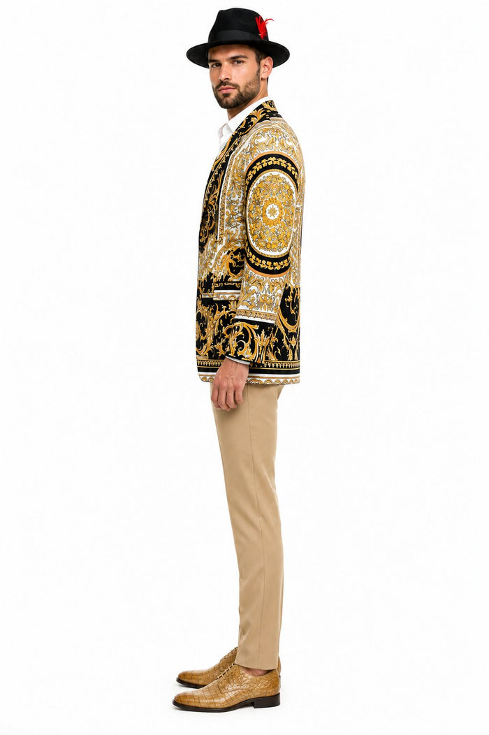 Men's Black and Gold Baroque Blazer with Matching Pants, Hat, and Shoes - Luxury Party and Wedding Outfit Set