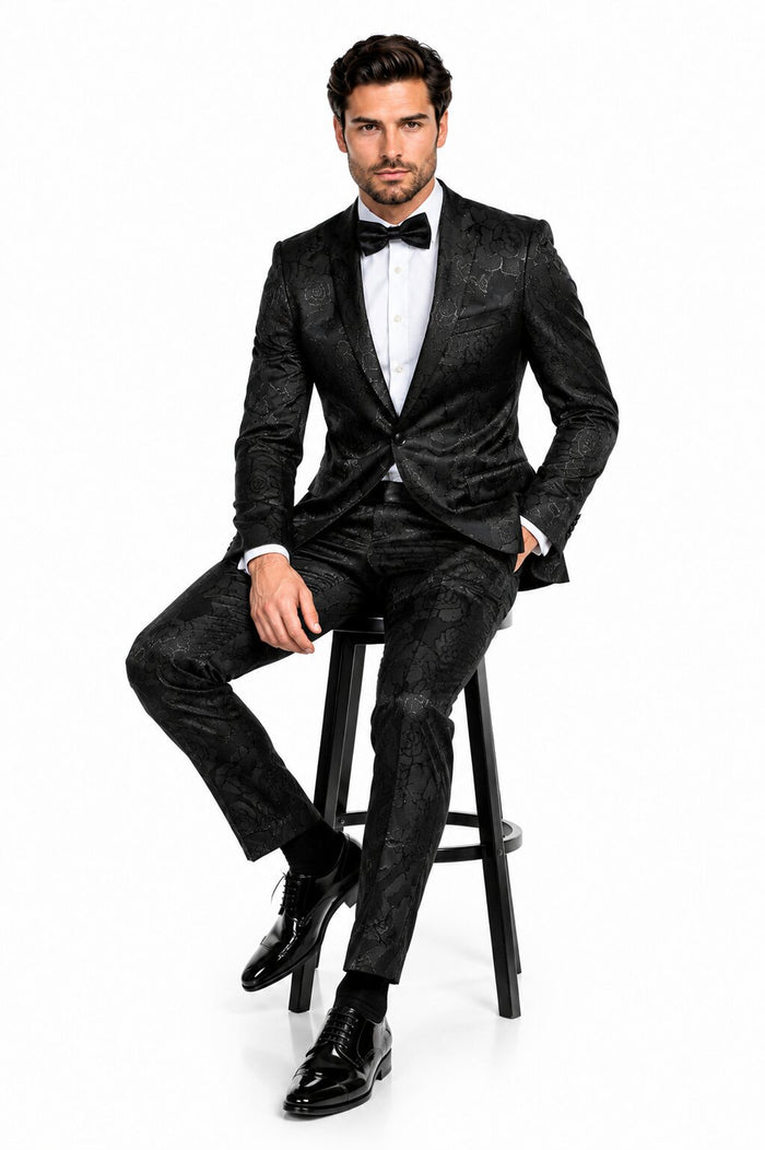 Mens 2 Button Shiny Black on Black Floral Paisley Prom & Wedding Tuxedo