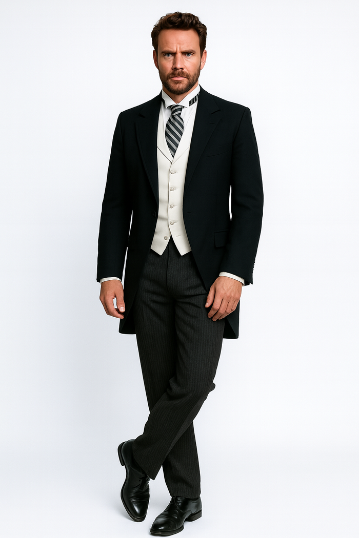 Black Peak Lapel Cutaway Tuxedo  Long Single-Breasted Suit Perfect for Musicians and Weddings