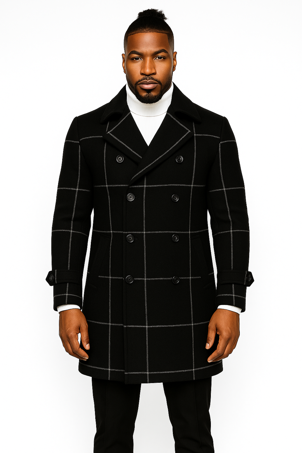 Mens Plaid Overcoat - Wool Peacoat - Plaid Topcoats Six Button Black
