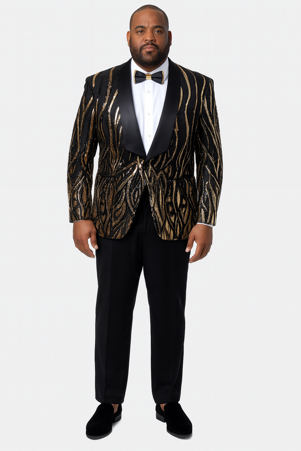 Black Tuxedo - Shawl Lapel Black and Gold Sequin Prom Tuxedo Mens Wedding Suit - Black Prom Suit