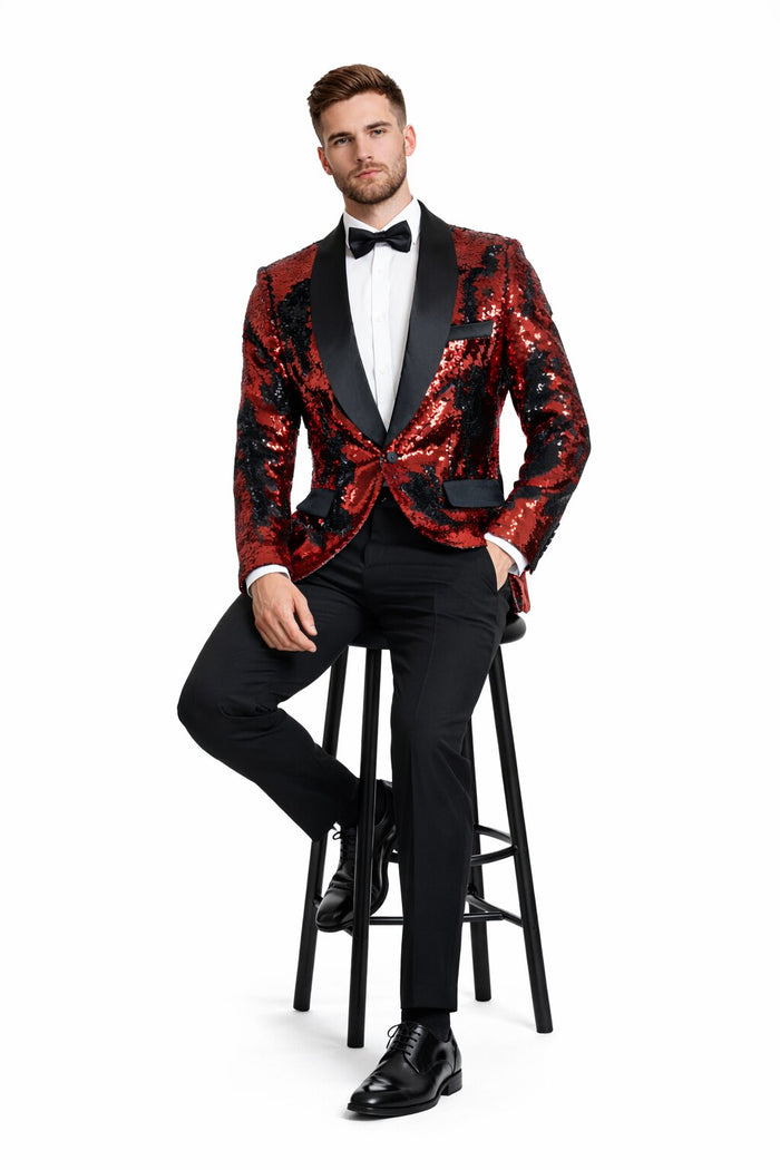 1 Button Reversible Sequin Blazer In Red and Black
