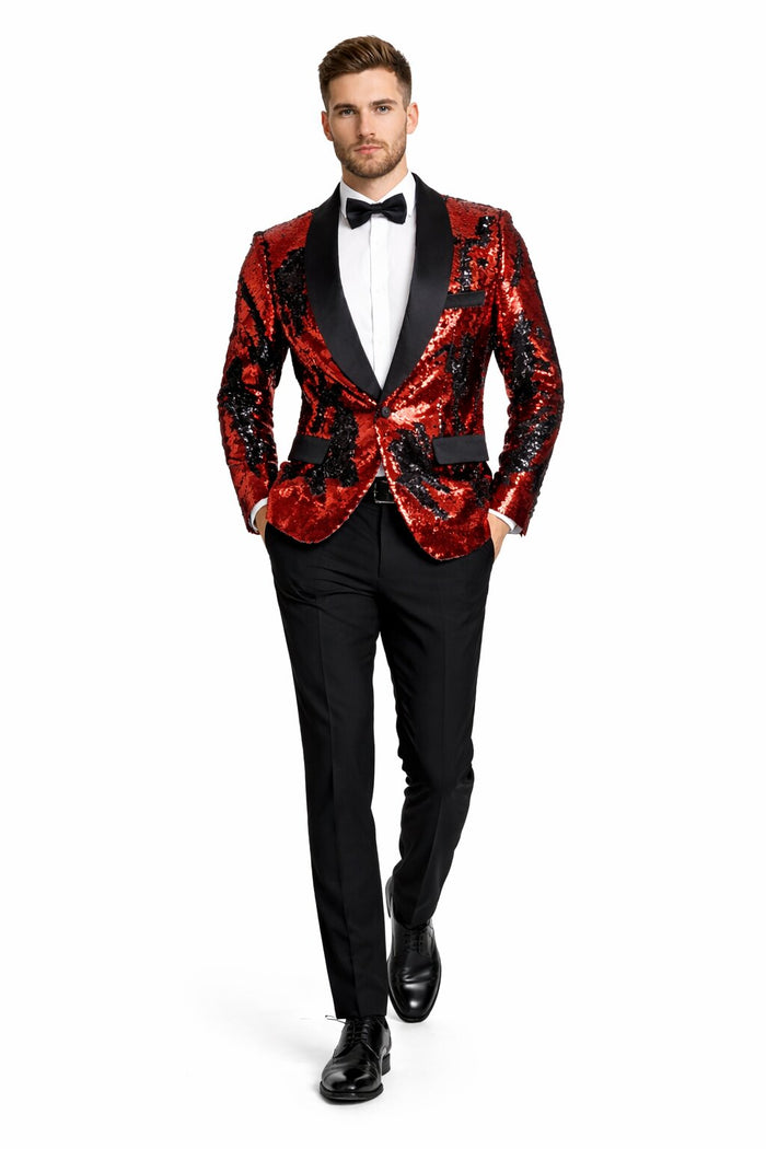 1 Button Reversible Sequin Blazer In Red and Black