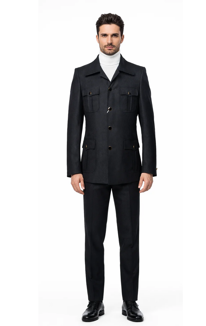 Black Safari Walking Suit for Men Rossiman Utility Jacket and Trousers Set