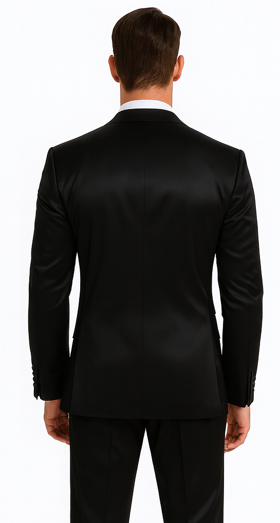 Men's Black Satin 3 Piece Slim Fit Tazzio Suit with Peak Lapel Suit